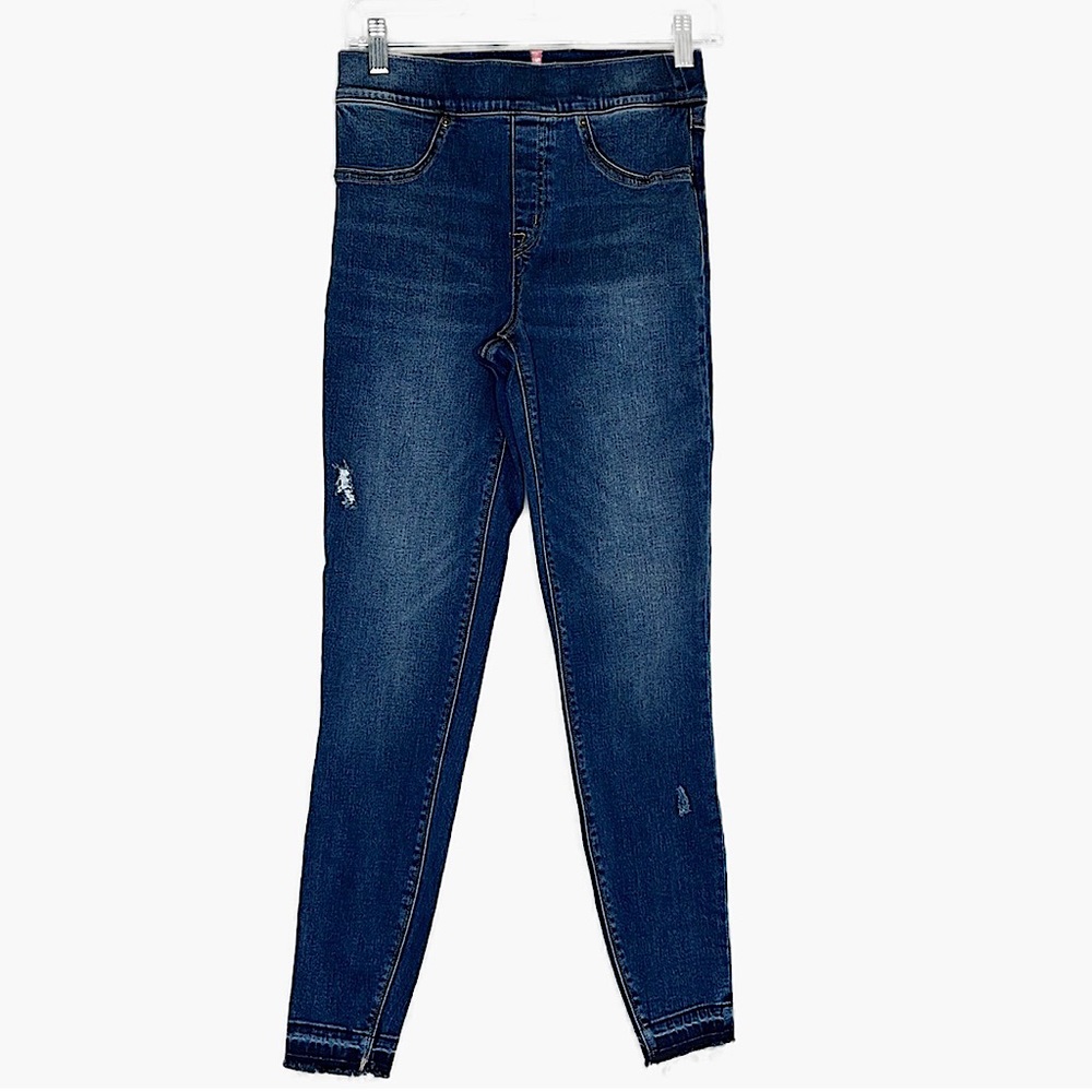 SPANX Ankle Skinny Jeans pull on raw hem distressed medium wash size S